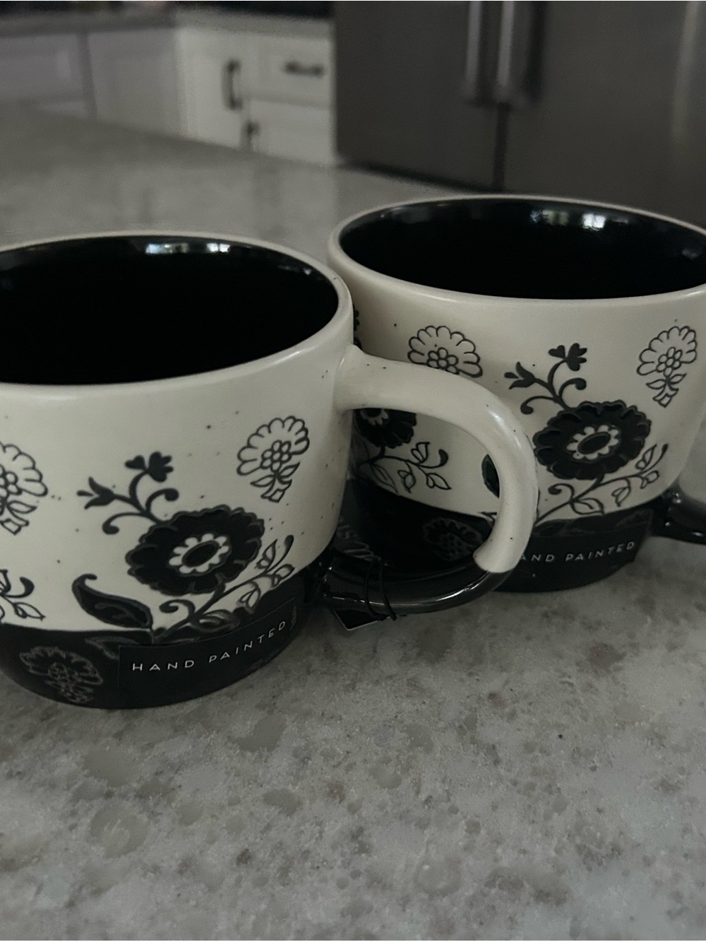 “New” Dwell Studio Black & White Floral Ceramic Mugs - Set of 2